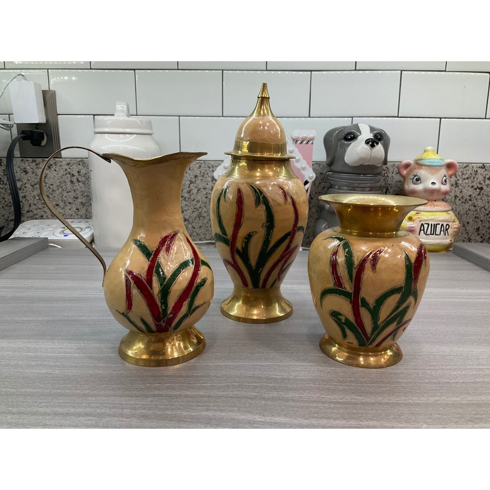 VINTAGE INDIAN BRASS HAND PAINTED ENAMEL JAR PITCHER AND VASE‎